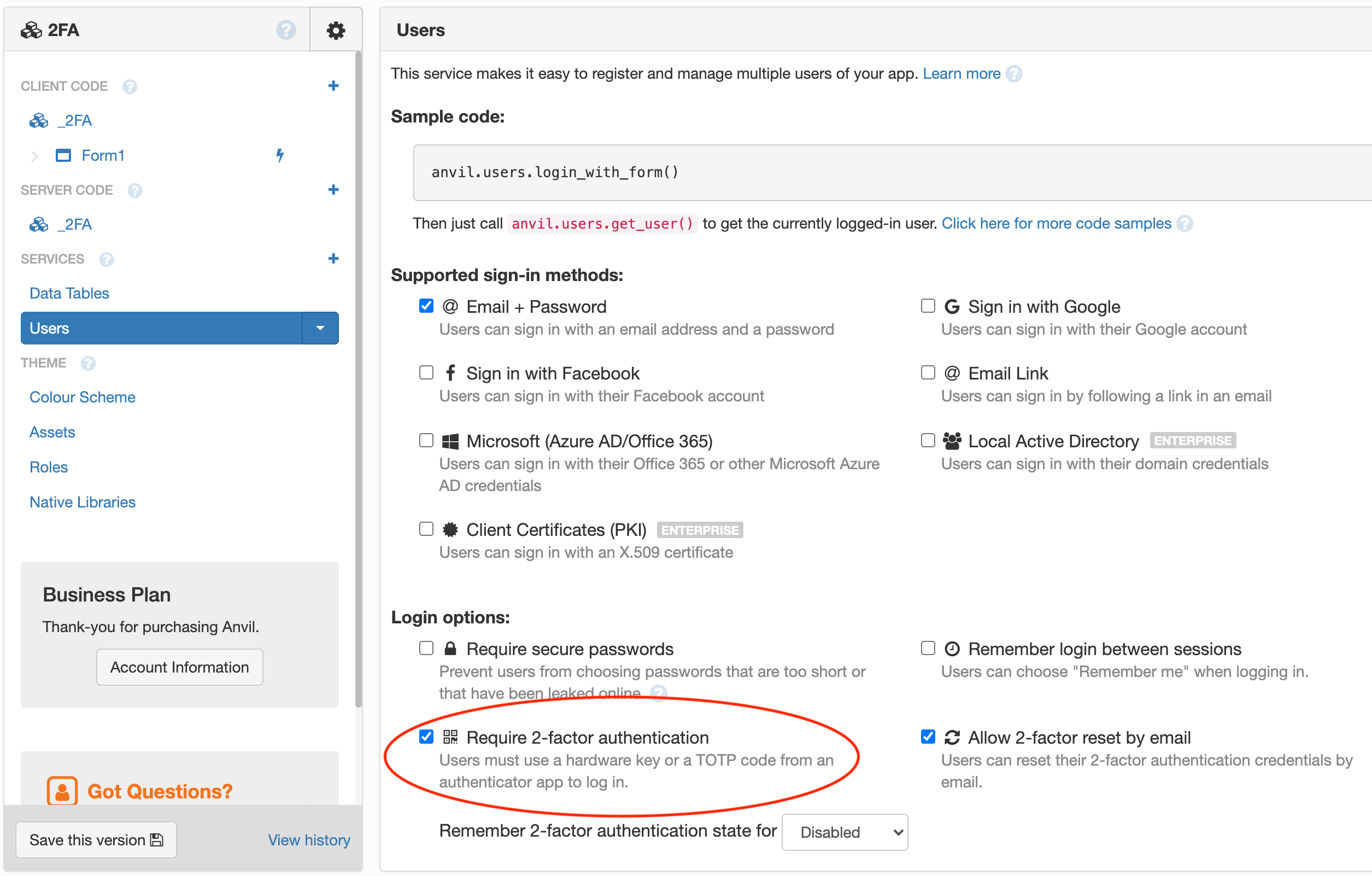 Enabling two-factor auth