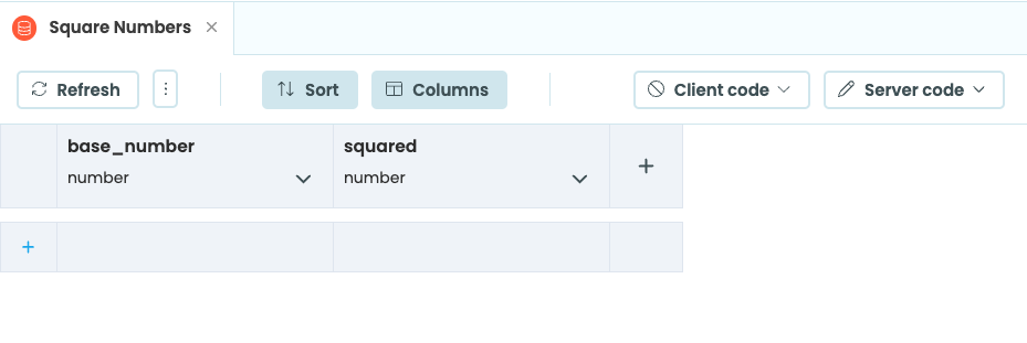 A Data Table with two Number columns named base_number and squared