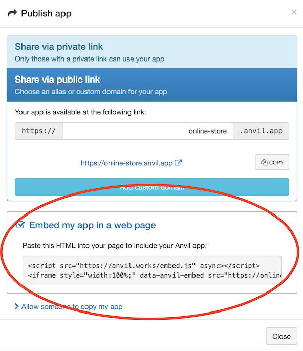 The Publish dialog with the 'Embed my app in a web page' box checked and the relevant Iframe code hint shown.