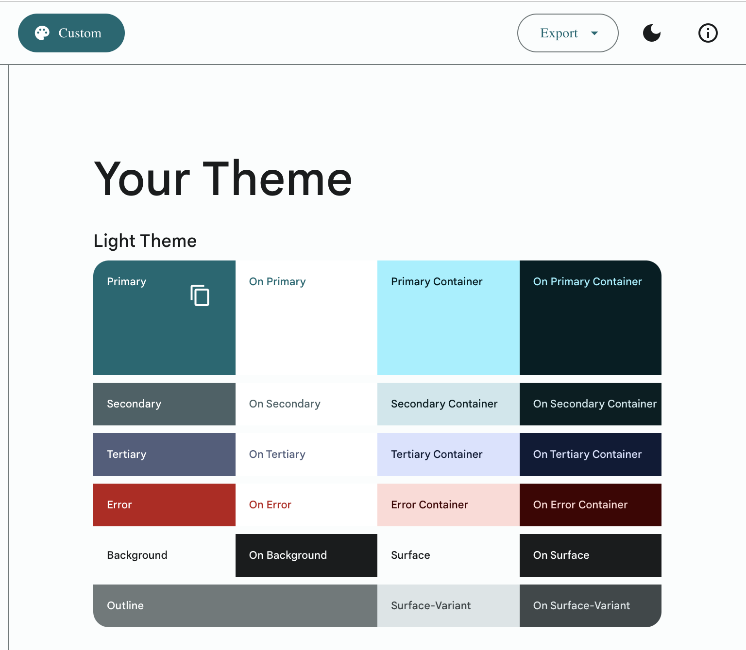 The generated colour scheme based on the chosen primary colour