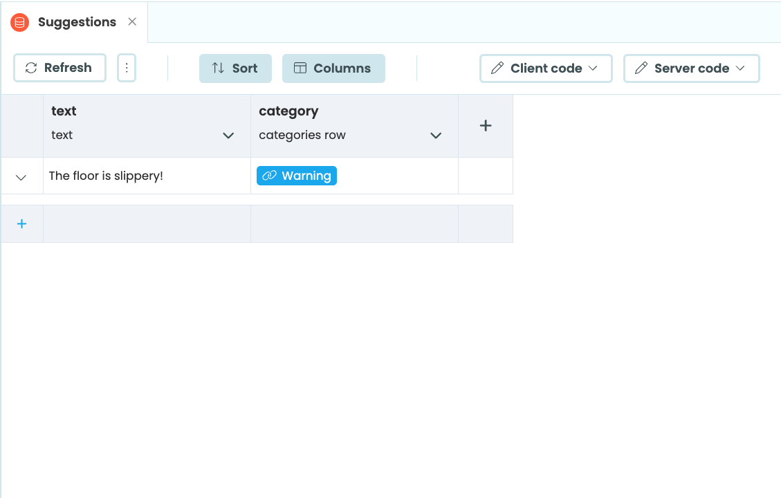 The suggestions Data Table with a row added