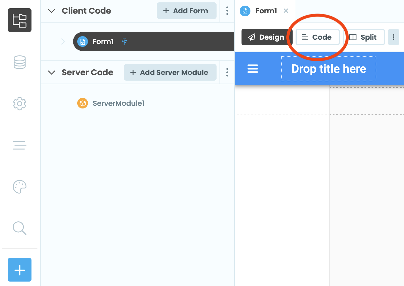 The Design View for Form1 with the Code button highlighted