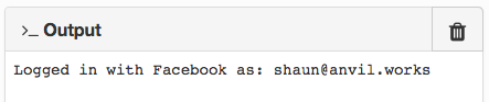 The Output Panel with 'Logged in with Facebook as: shaun@anvil.works' displayed.