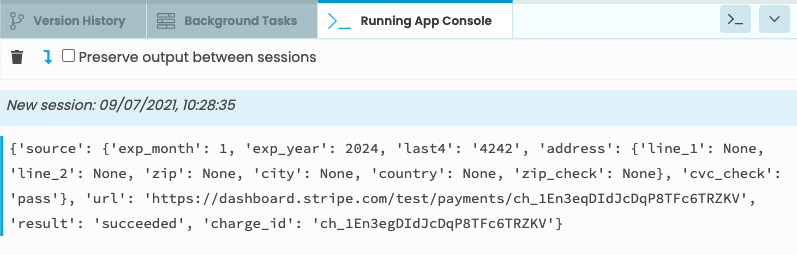 The App Console showing a Python dictionary containing details of the test transaction that has just been made.