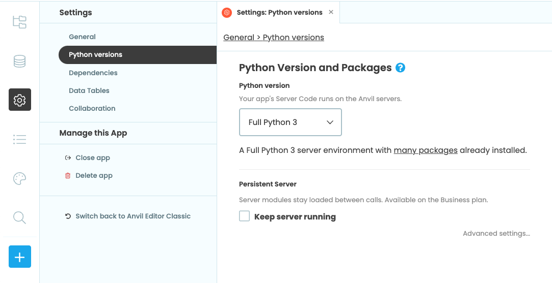 Selecting a Python server runtime