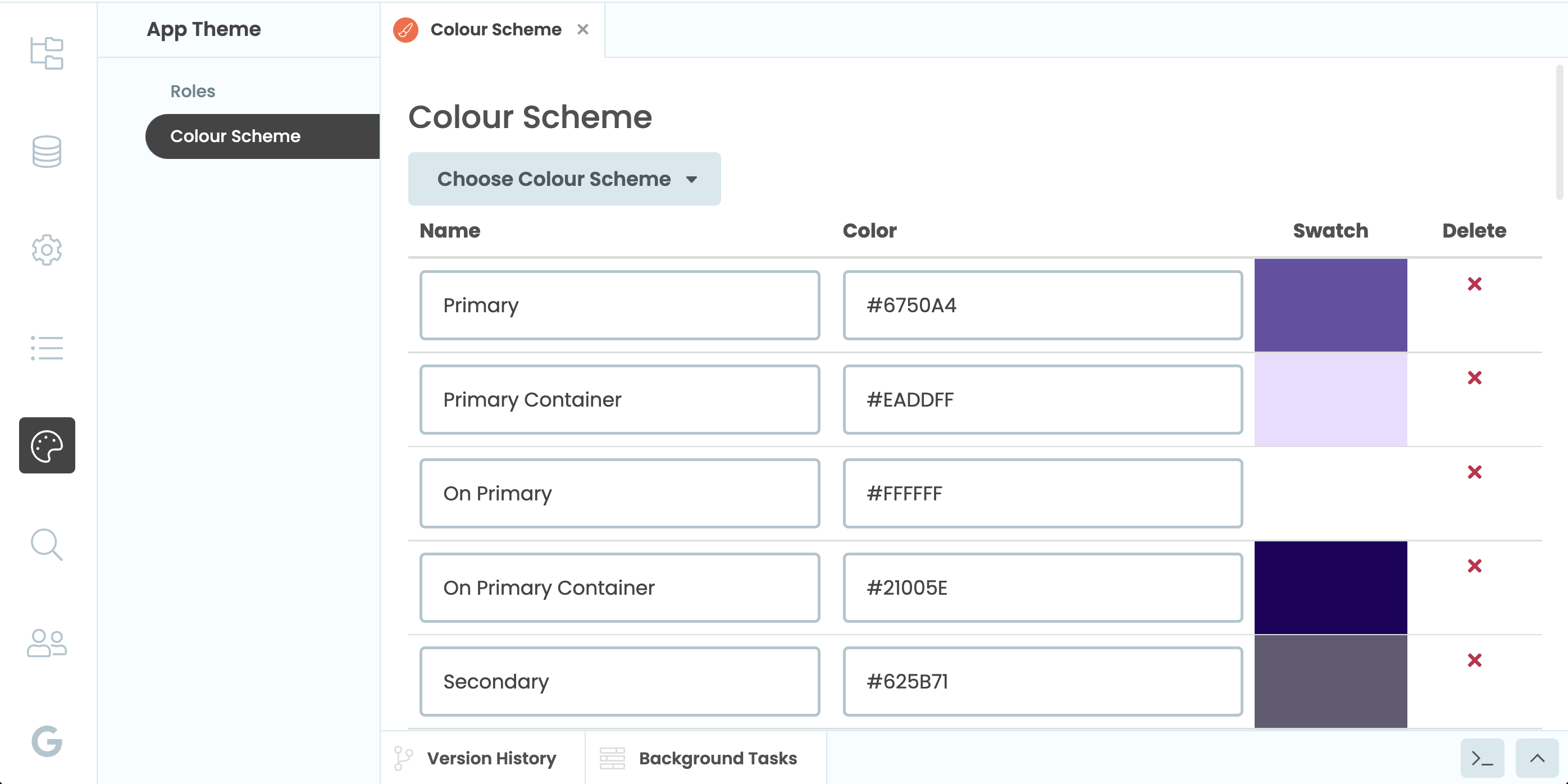 Location of the Colour Schemes menu within an app