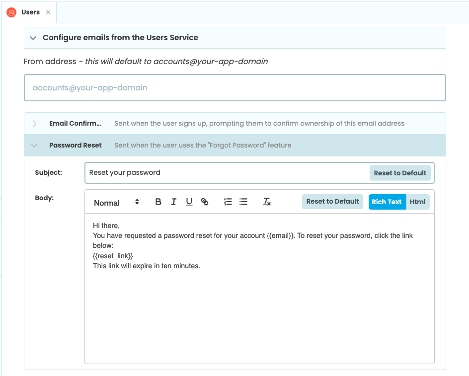 Configuring the password reset email from the Users Service