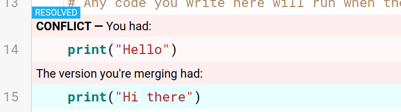 The Conflicts tab, showing a code conflict