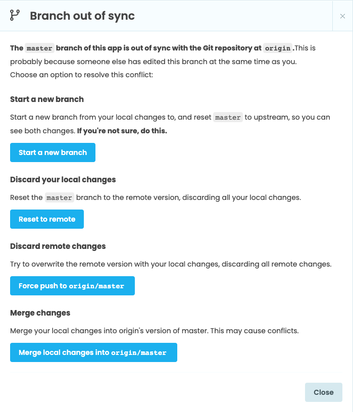 Branch out of sync dialog