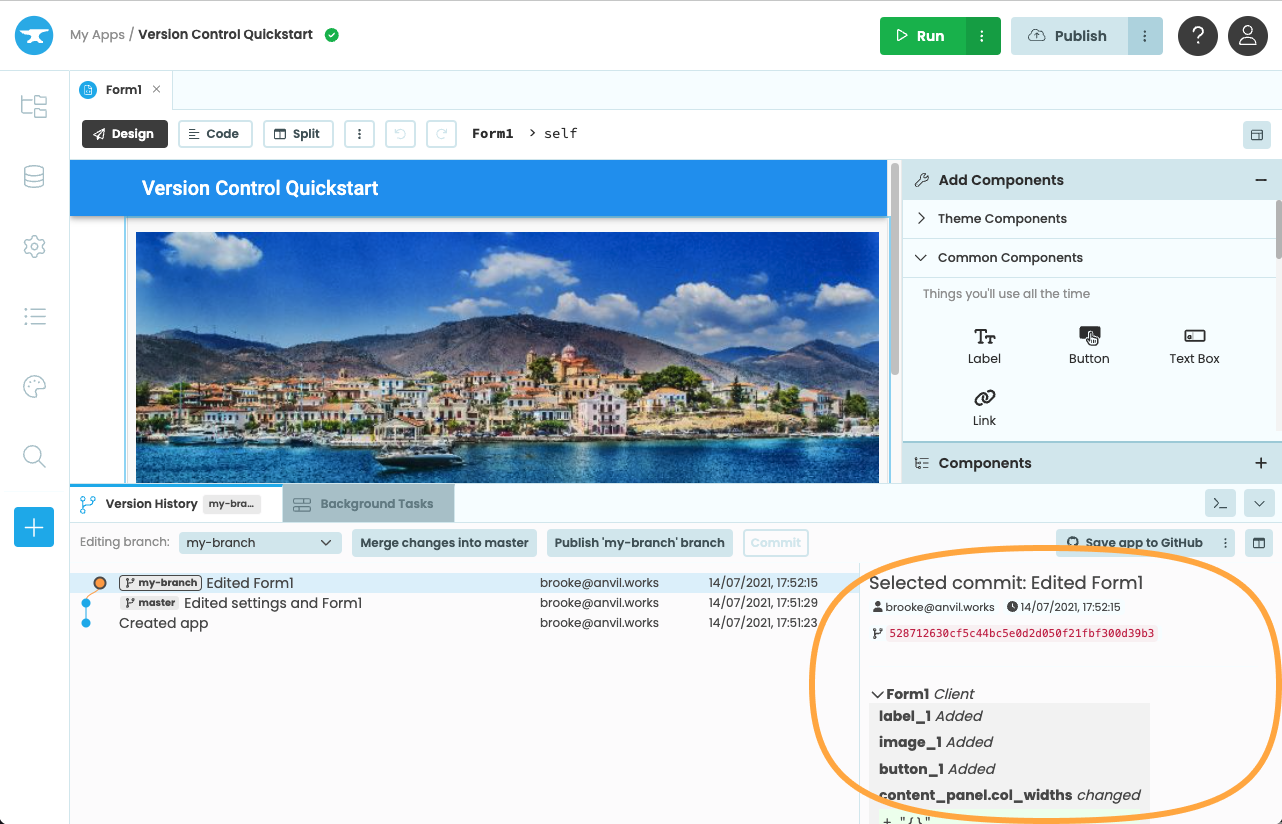 Changes to my-branch shown in the Bottom Panel