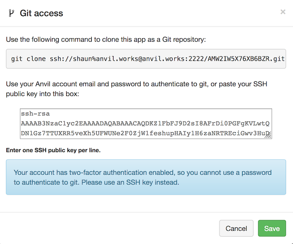 The Clone With Git dialog, with a box to copy your SSH public key into.