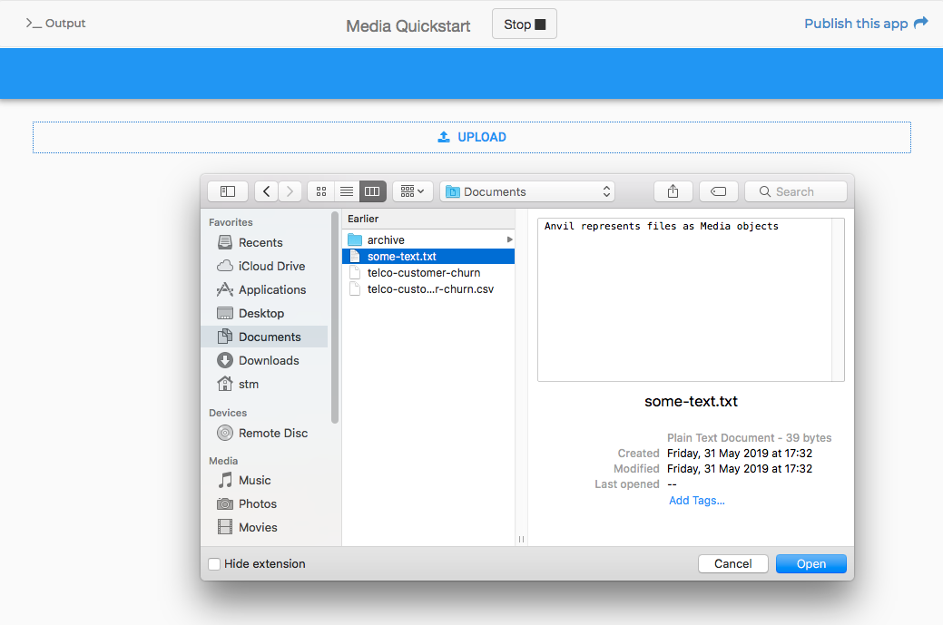 A running app with a FileLoader, showing a Mac OS file selection dialog