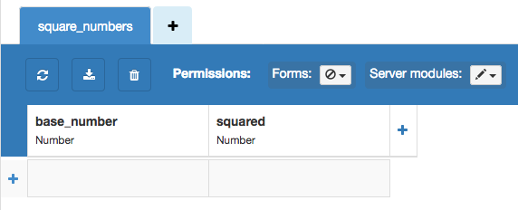 Data Tables Service with a table named square_numbers and two Number columns named base_number and squared