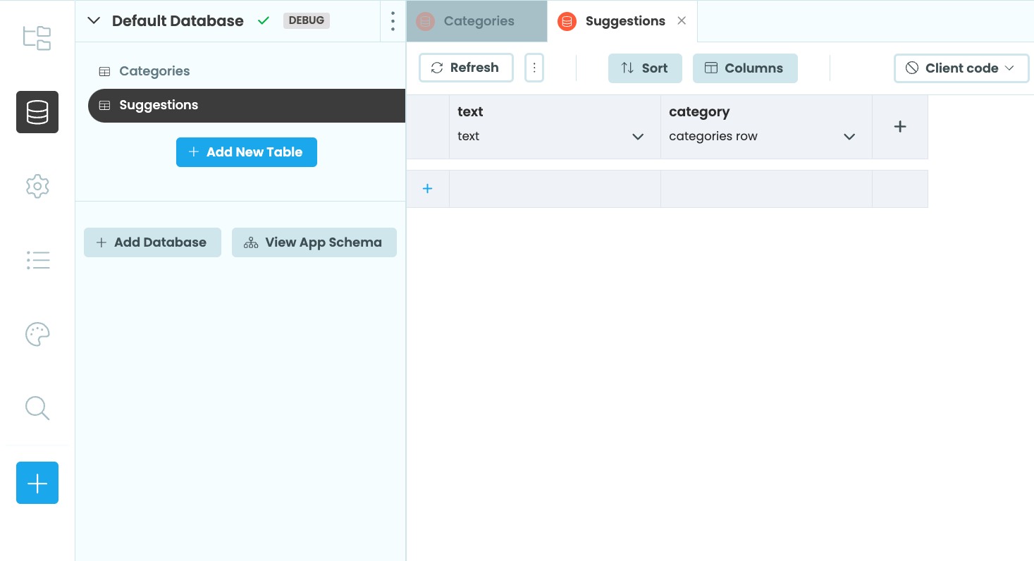 The suggestions Data Table schema