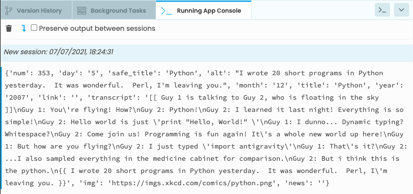 The Output Panel showing the XKCD API's rendering of the comic about Python