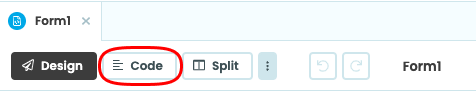 The Design View for Form1 with the Code tab in the top-right highlighted