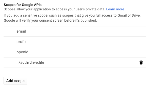 The scopes list with ../auth/drive.file added to it.