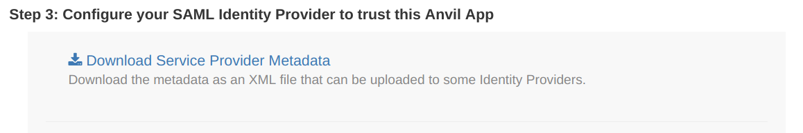 SAML Authentication Service configuration, showing the button to download Service Provider metadata