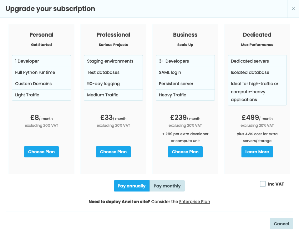 The upgrade screen with the plan options