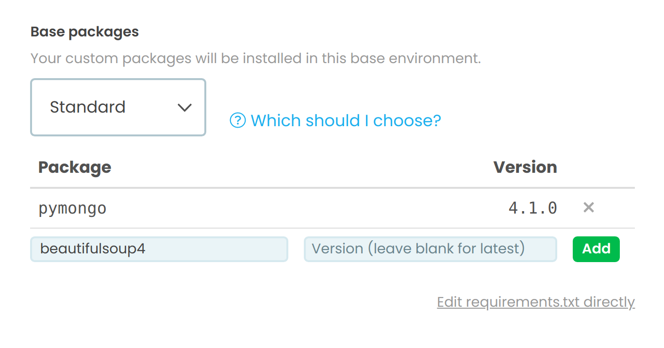 Adding the pymongo and beautifulsoup4 packages to the Standard base environment.