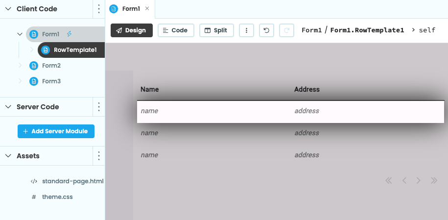 A Data Grid with a Repeating Panel inside it. The App Browser shows that the RepeatingPanel's `item_template` is called RowTemplate1.