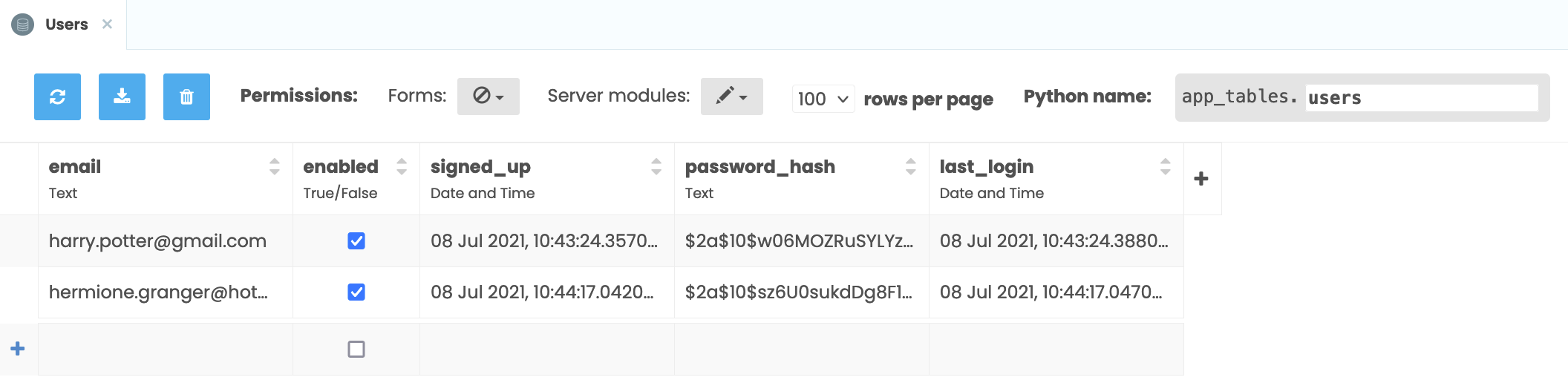 A Data Tables table called 'Users' with various columns relating to user details.