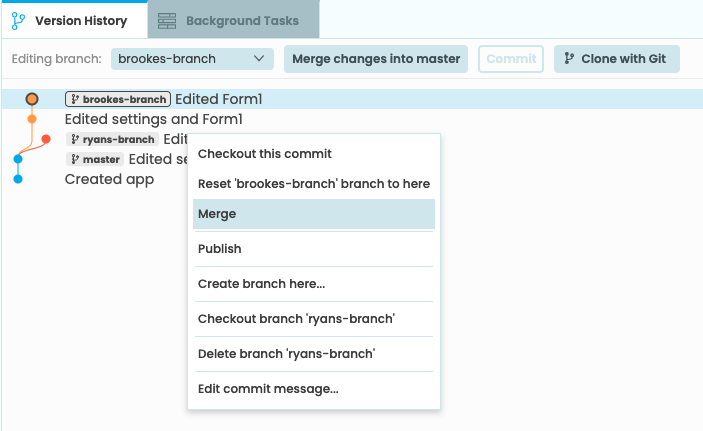 Version history showing a right click menu with 'merge' highlighted