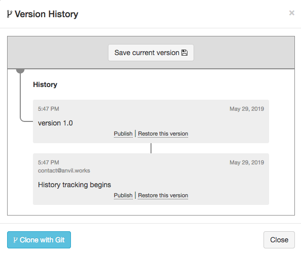 Version history tree with an initial commit and one other commit called 'version 1.0'