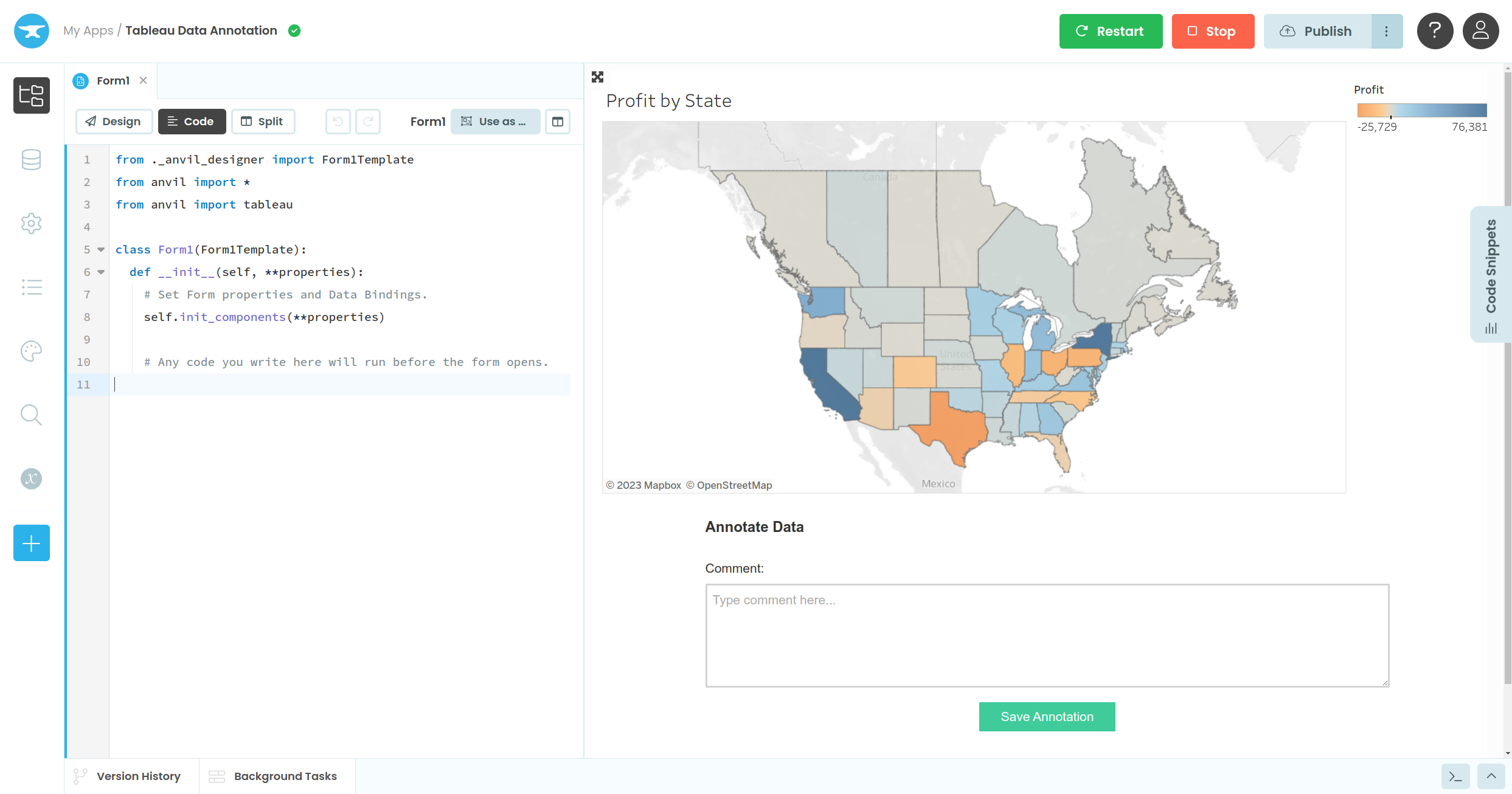 A Tableau extension, running in the Anvil Editor