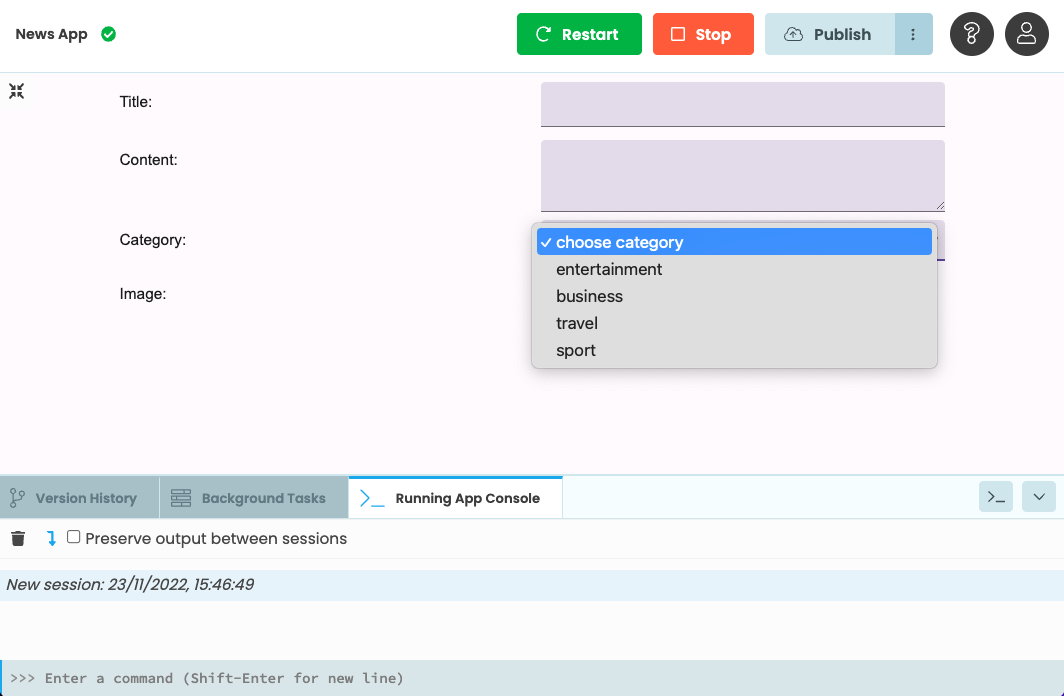 The ArticleEdit Form running, with the categories dropdown open, showing that it is populated with the categories from the Data Table.