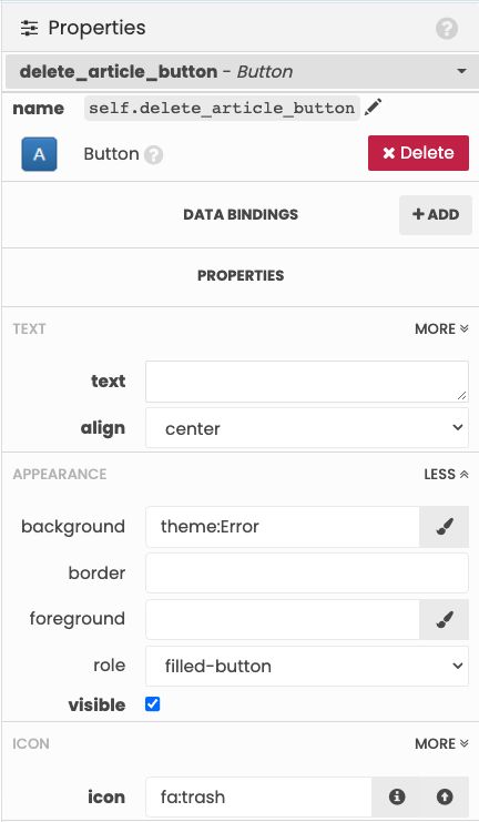 The properties for the Delete button