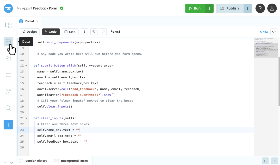 Opening the Data Tables service