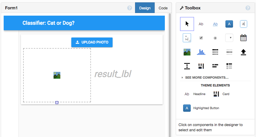 The Anvil Editor design view showing the app with some components dropped into it.