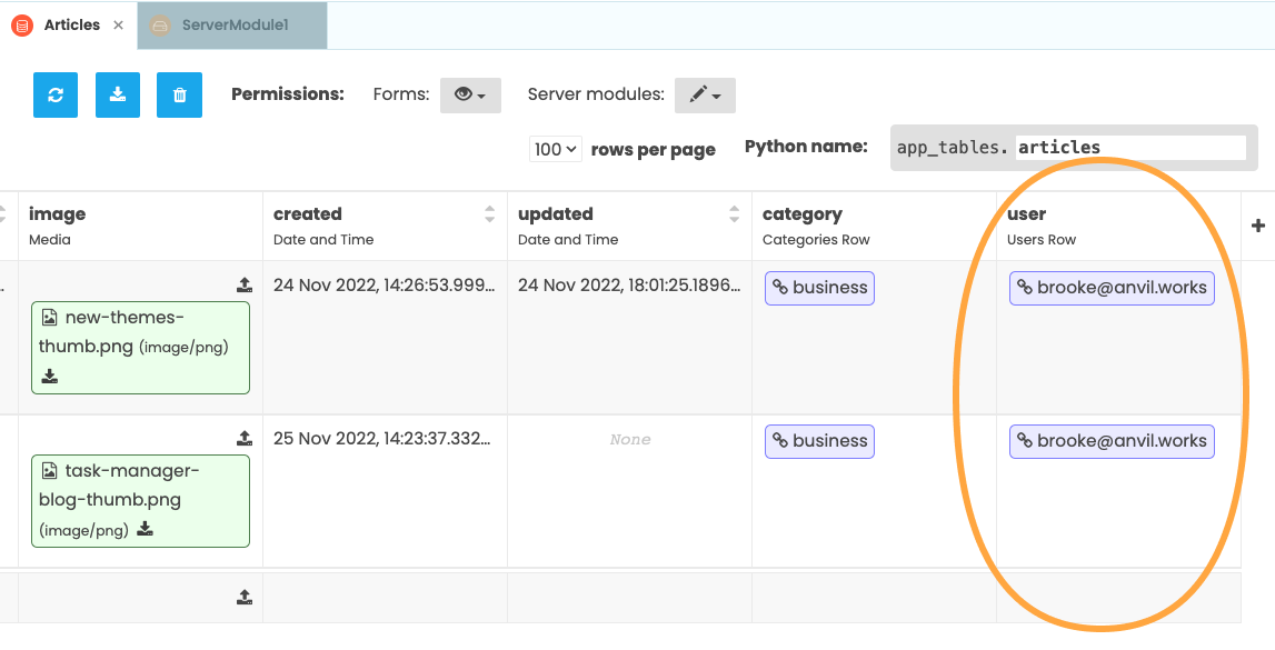 Screenshot of the Articles table with the populated user column highlighted.