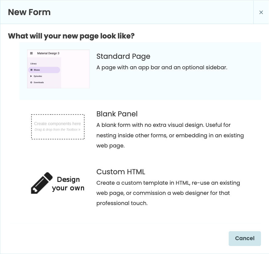 The layout options when adding a new form to the app