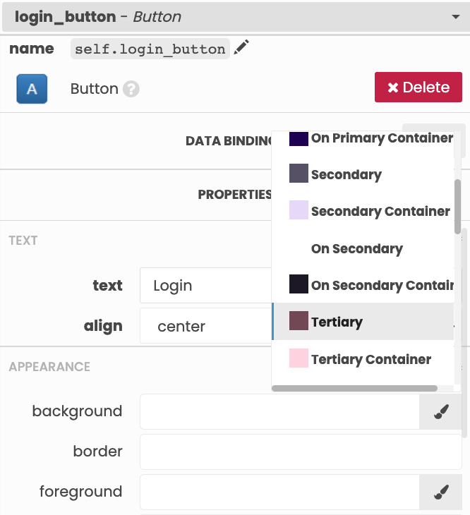 Choosing a colour from the colour scheme for the background property of a component in the Properties Panel