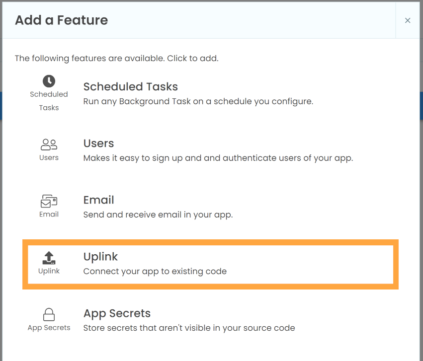 A screenshot of the list of available services, with 'Uplink' highlighted in orange.