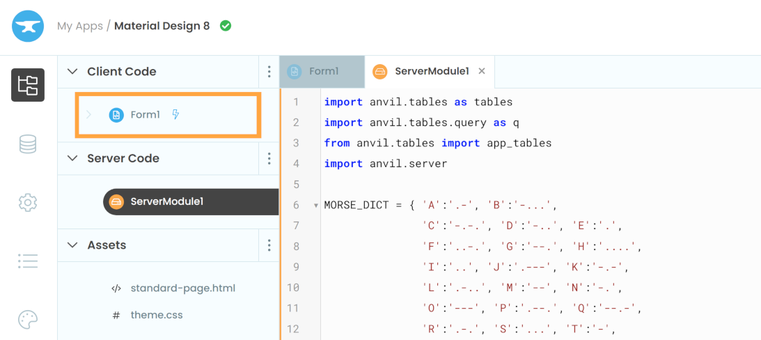 A screenshot showing how to access your app's Form1 from the structure menu.